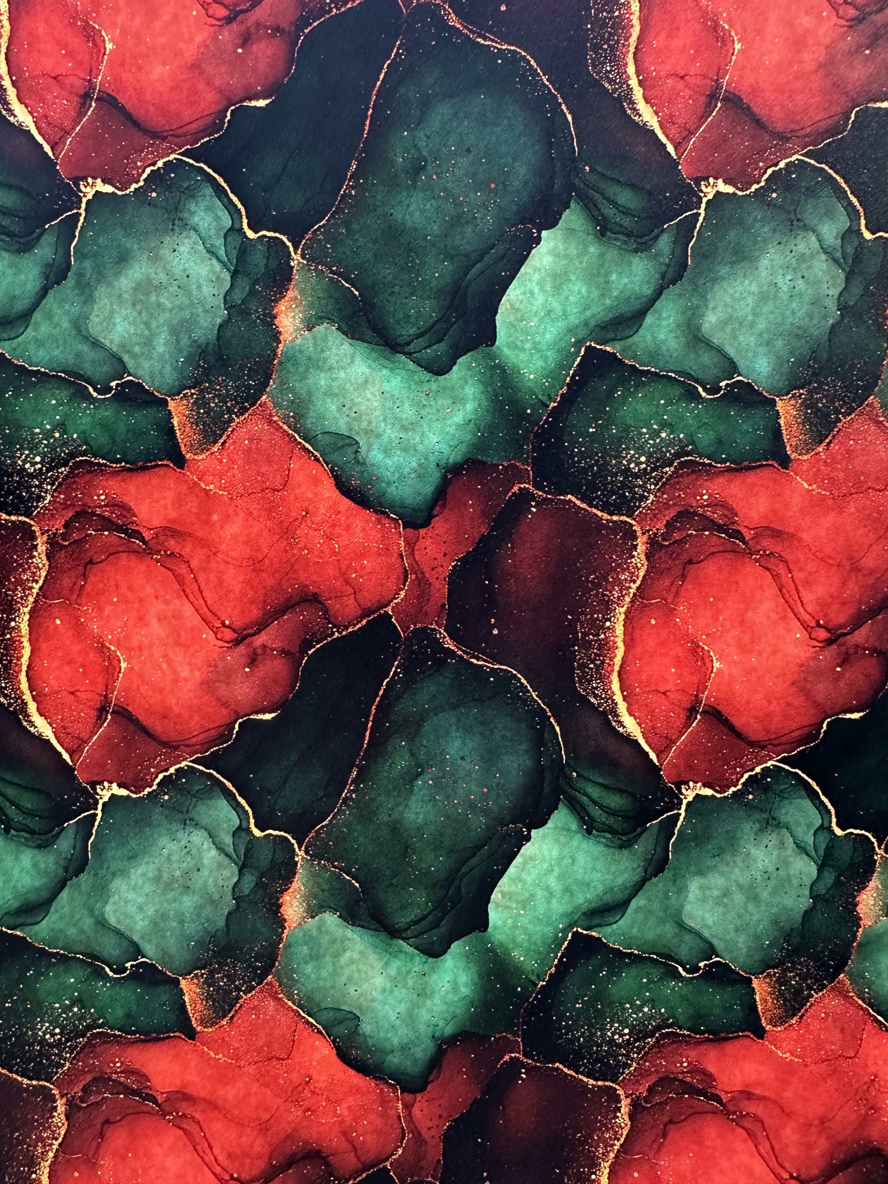 Abstract acrylic option. Reds and Greens swim together with bands of gold swirling through.